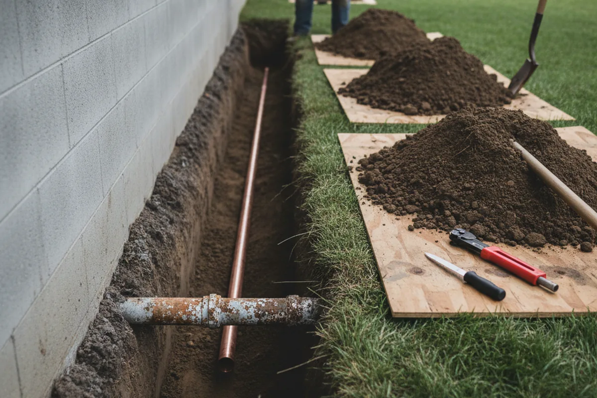 Excavated water line trench during Sewer Line Repair in Mont Belvieu